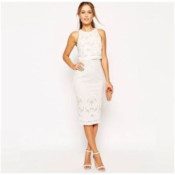 ASOS floral lace halter bodycon midi pencil black dress w/ high neckline size 6 - Picture 5 of 16